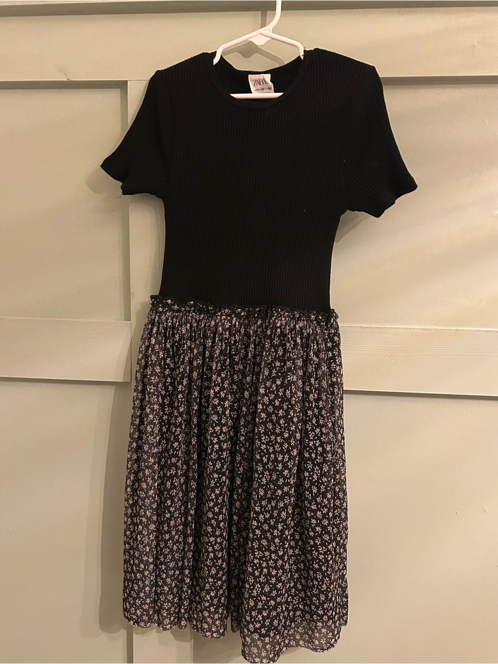 Zara Black Ribbed Bodice Floral Print Skirt Dress